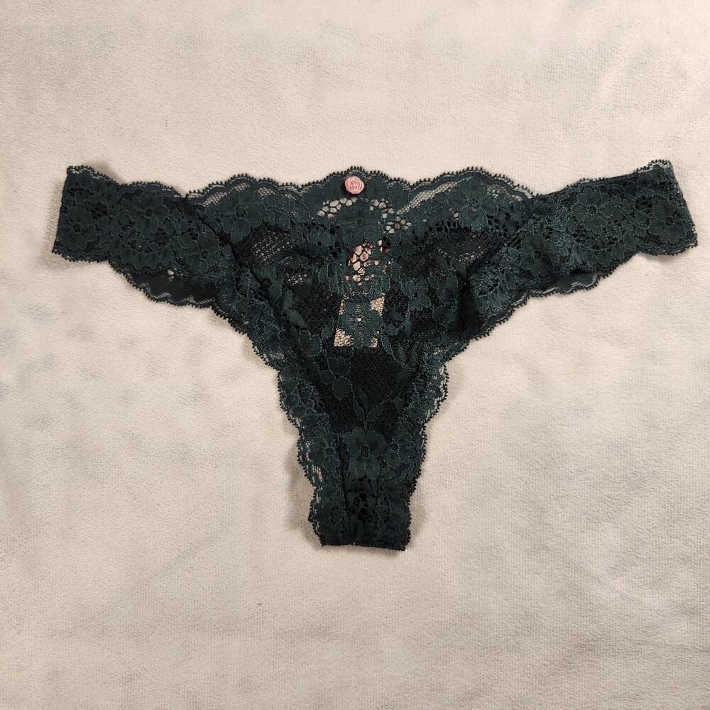 Victoria's Secret Dream Angels Dark Green Floral Lace Thong Panty - Small